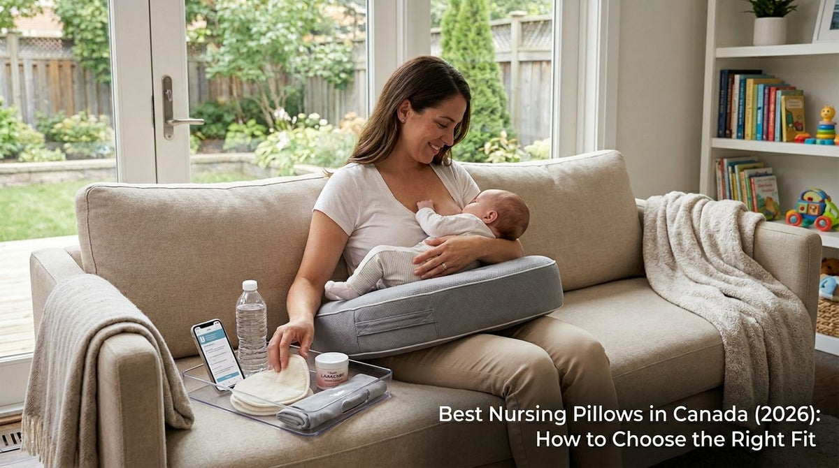 Parent breastfeeding with a firm nursing pillow on a sofa