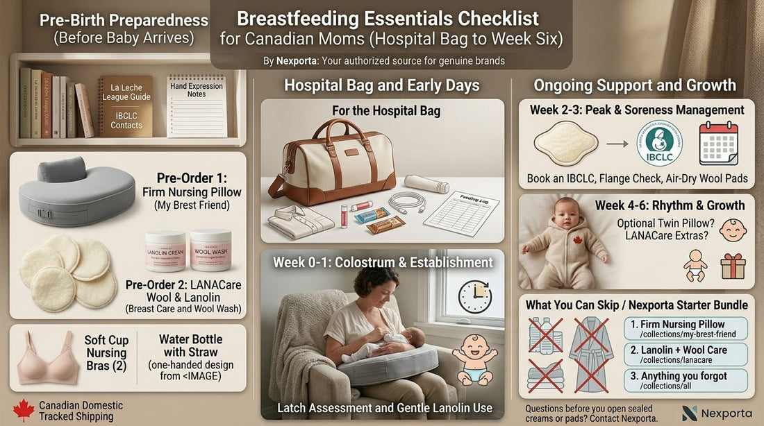 Breastfeeding essentials laid out for a new mom's first weeks