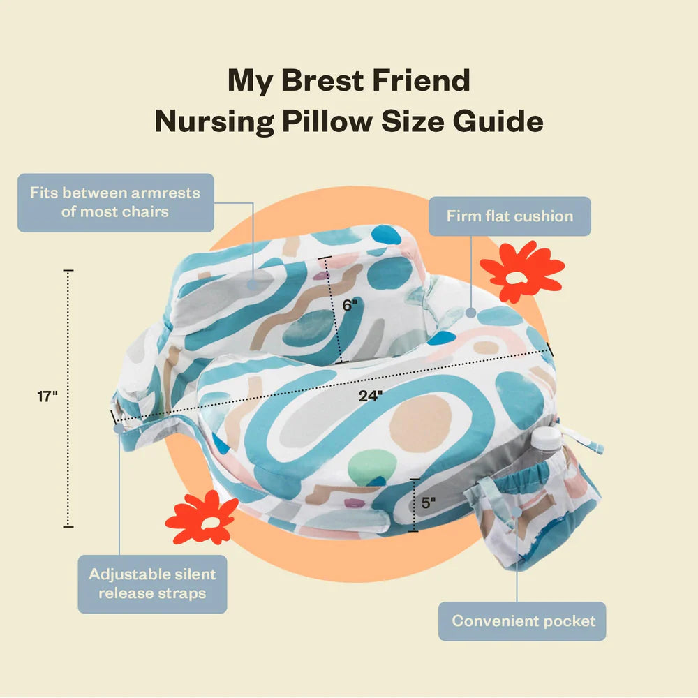 Nursing pillow with size guide and features on a beige background