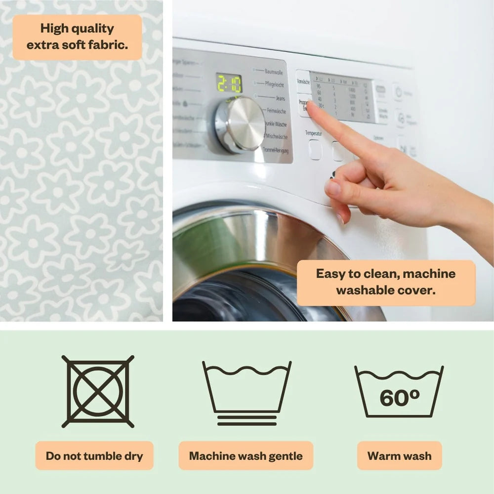 Washing machine with a hand adjusting settings, fabric texture, and washing machine symbols.