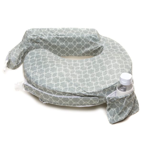 Gray patterned inflatable seat with a bottle holder on a white background