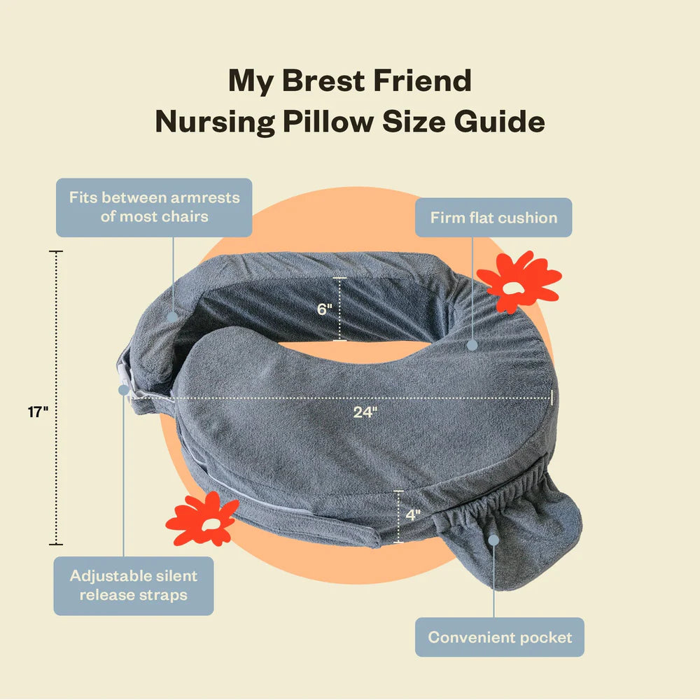Nursing pillow size guide with measurements: 17" height, 24" width, and 6" depth. Features include adjustable straps, firm cushion, and pocket.