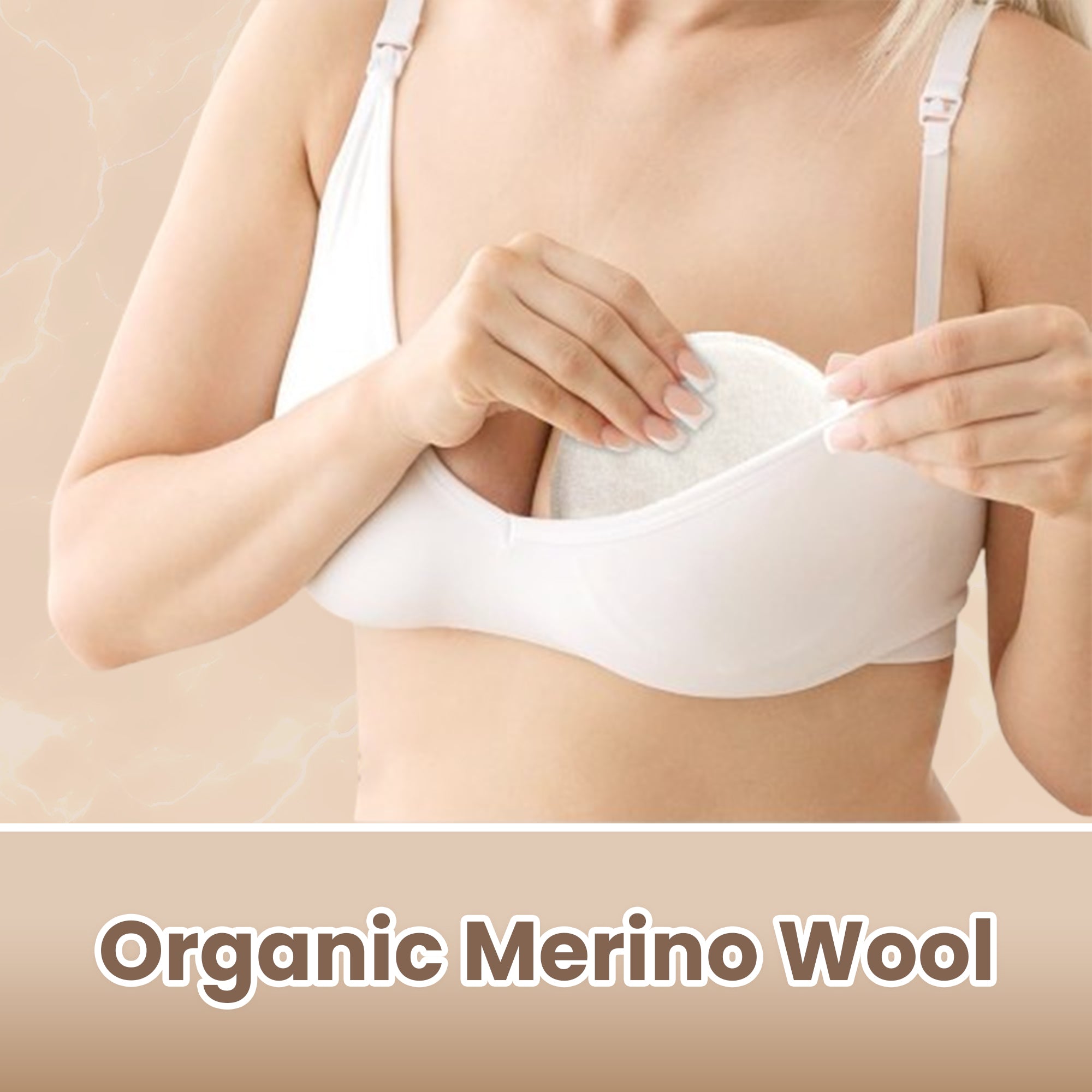 Woman wearing a white bra with 'Organic Merino Wool' text on a beige background