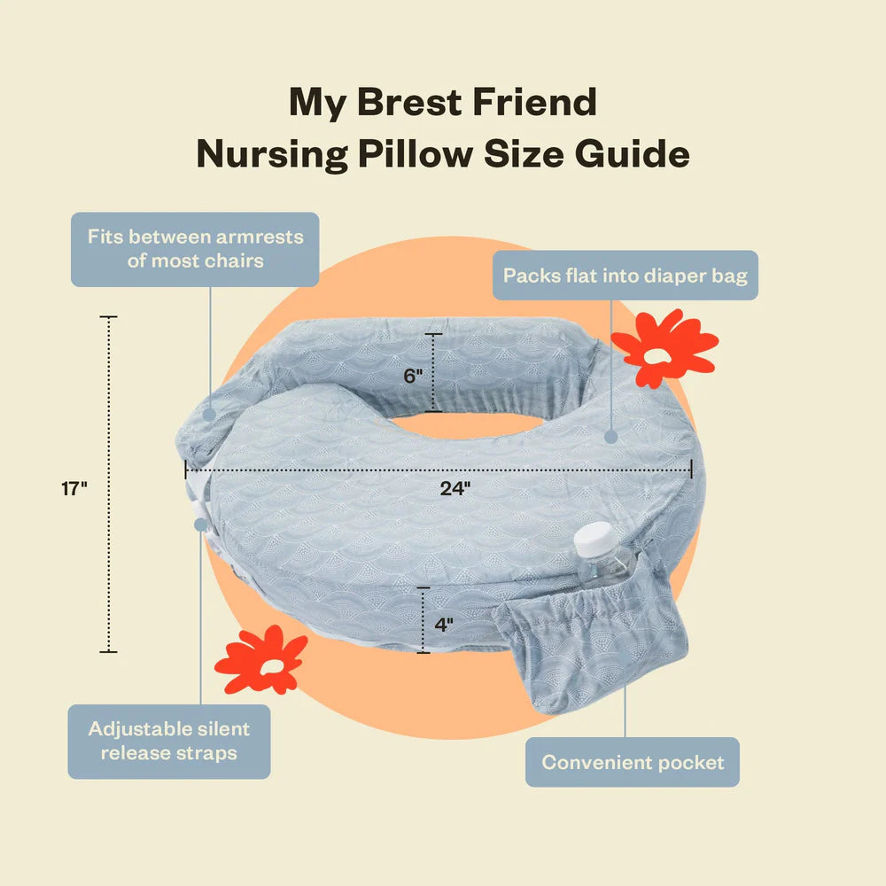Nursing pillow with size guide and features on a beige background