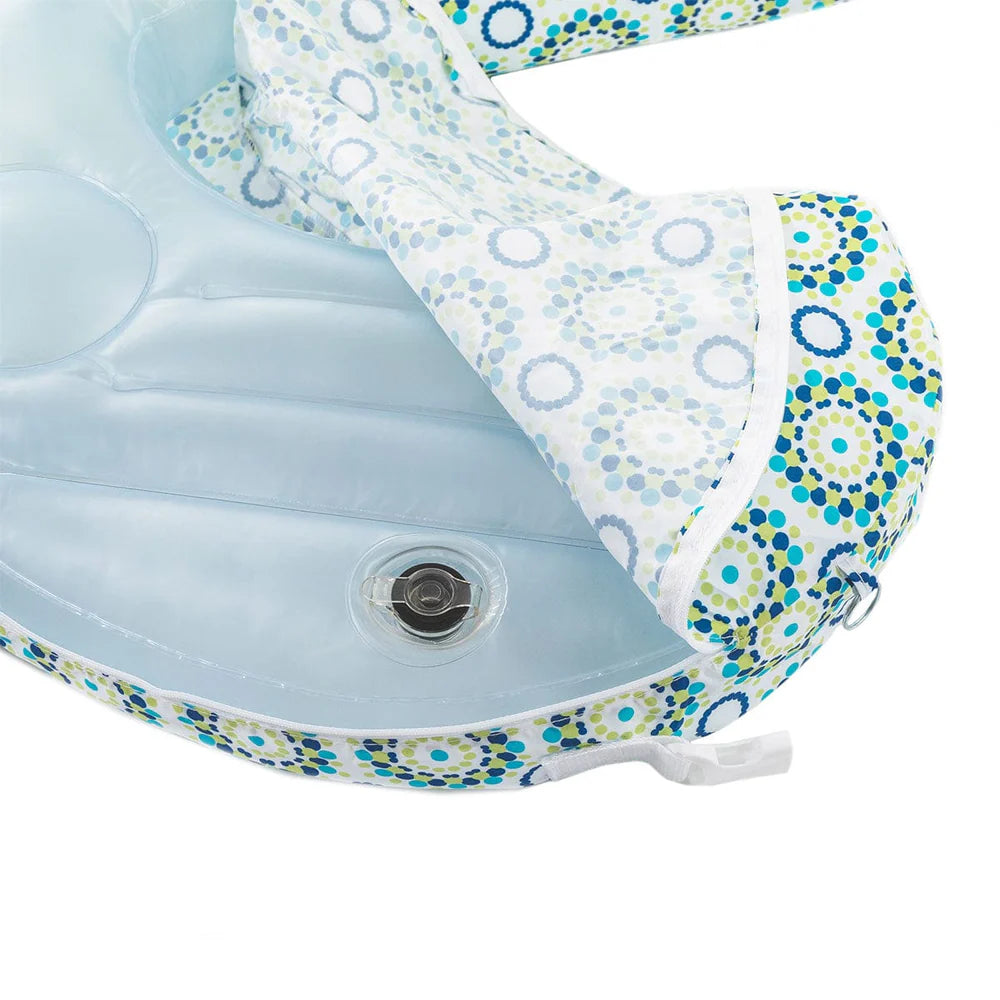 Inflatable pool with patterned cover on a white background