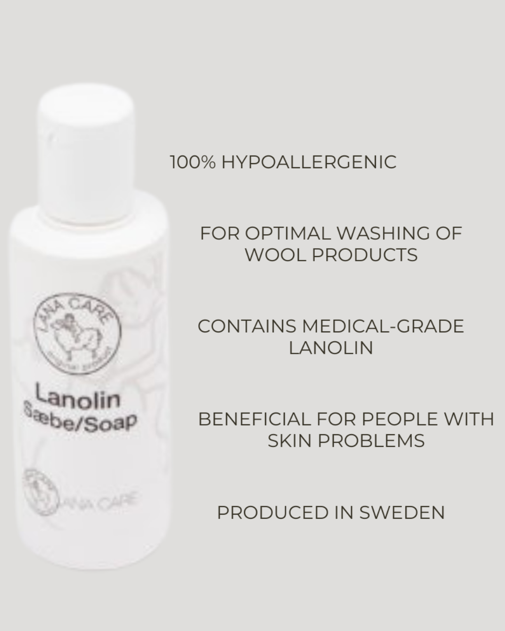 Lanolin Sabbe Soap bottle with text highlighting its features on a light gray background