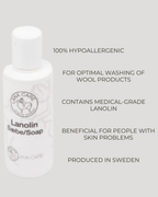 Lanolin Sabbe Soap bottle with text highlighting its features on a light gray background