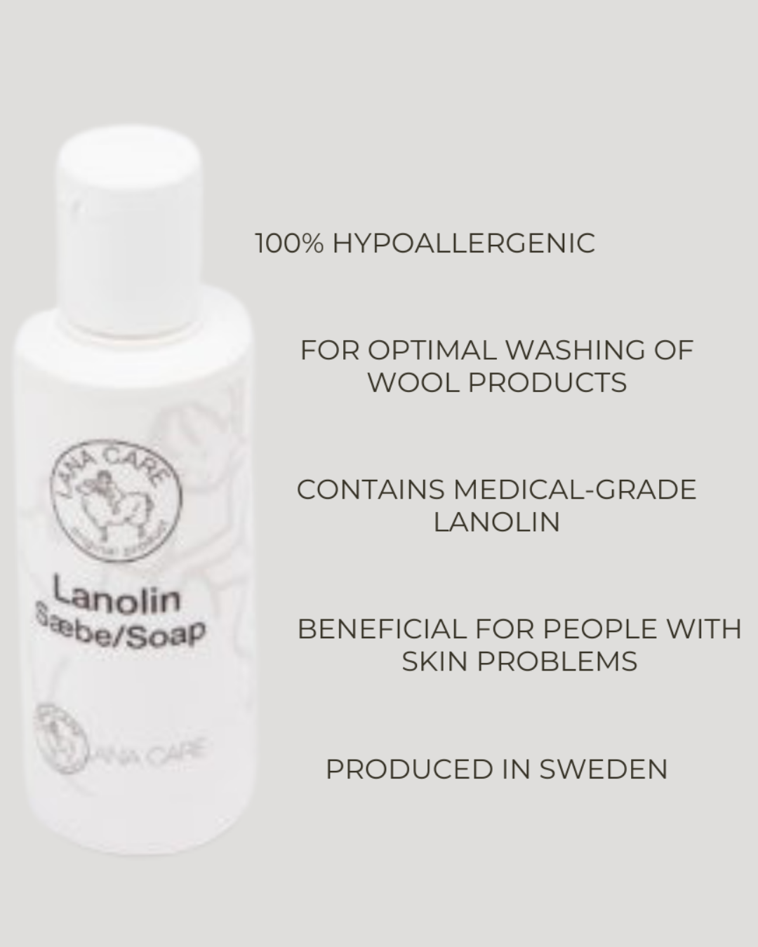 Lanolin Sabbe Soap bottle with text highlighting its features on a light gray background