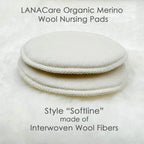LANACare Organic Merino Wool Nursing Pads on a white background with text describing the product.