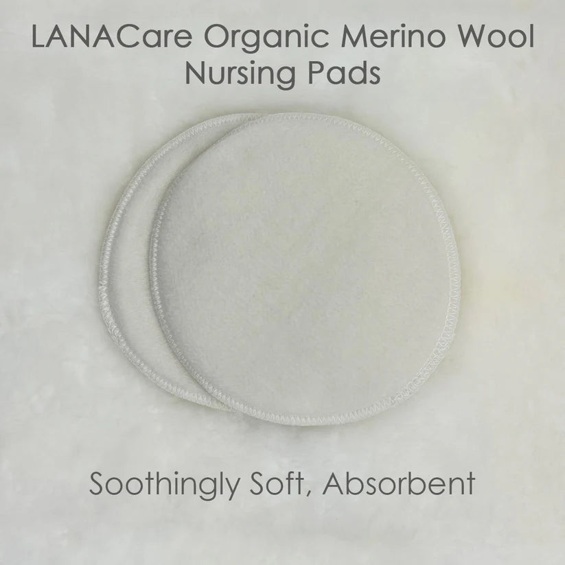 LANACare Organic Merino Wool Nursing Pads on a light gray background