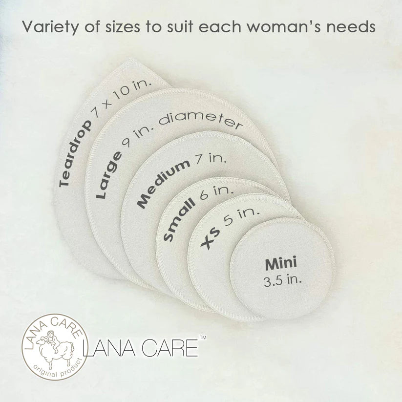 Set of white pads with size labels on a light gray background, featuring the Lana Care brand.