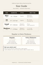 Size guide for LANACare Organic Merino Wool Nursing Pads with dimensions, diameter, style, and best use cases.