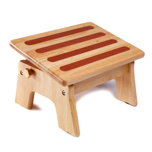 Wooden step stool with a slatted design on a white background