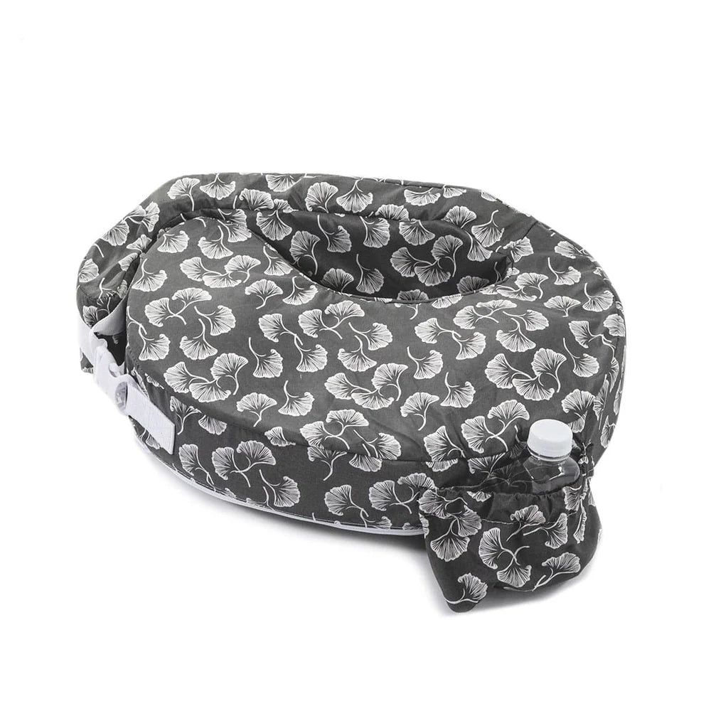 Gray headband with white floral pattern on a white background