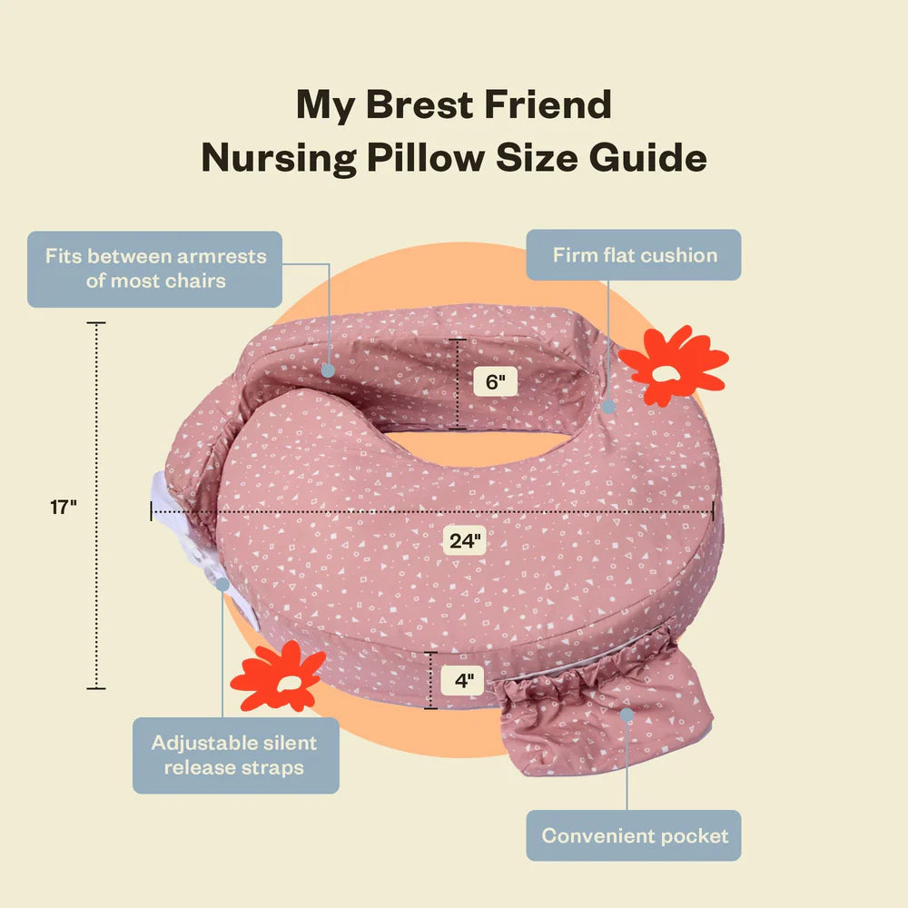Nursing pillow size guide with measurements and features on a beige background
