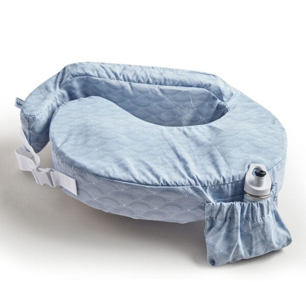Blue Nursing pillow cover with a white strap on a light gray background