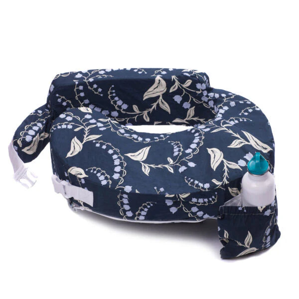 Navy blue fabric seat with white floral pattern on a white background