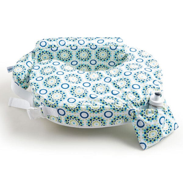 Patterned inflatable seat with straps on a white background