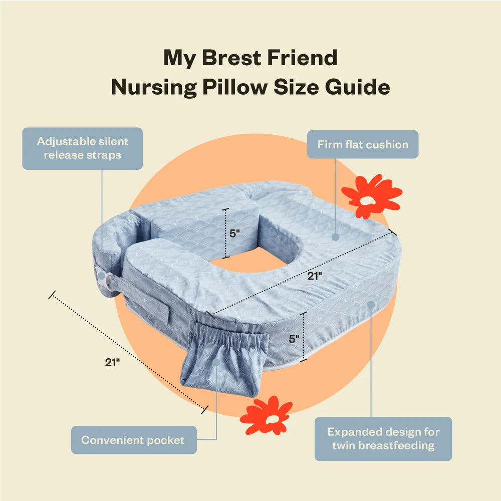 Nursing pillow with size guide and features on a beige background