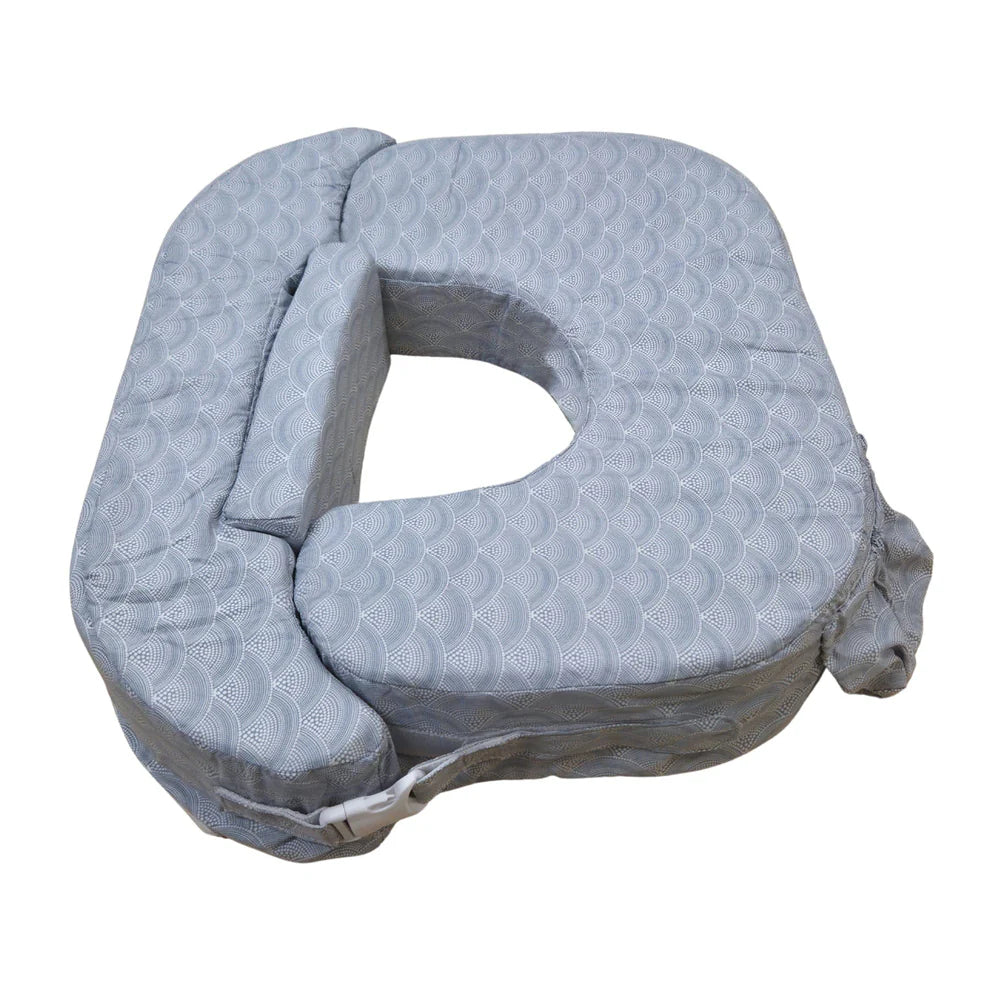 My Brest Friend Twin Plus nursing pillow in a grey geometric fan pattern with a wide, double-cushion design for tandem breastfeeding twins